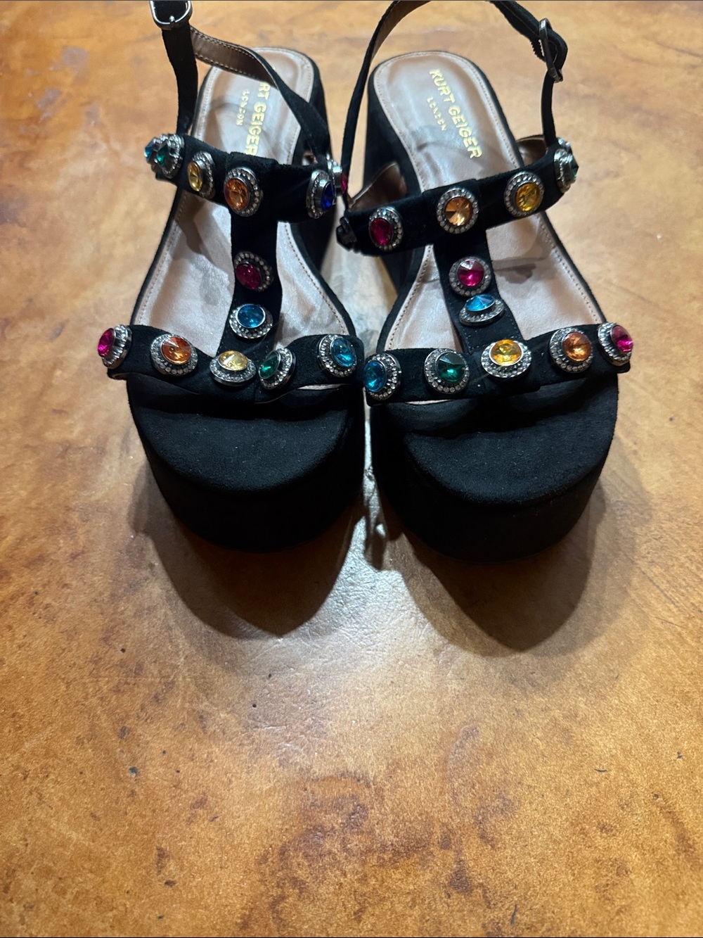 Kurt Geiger Black Platform Sandals with Multicolor Jeweled Accents